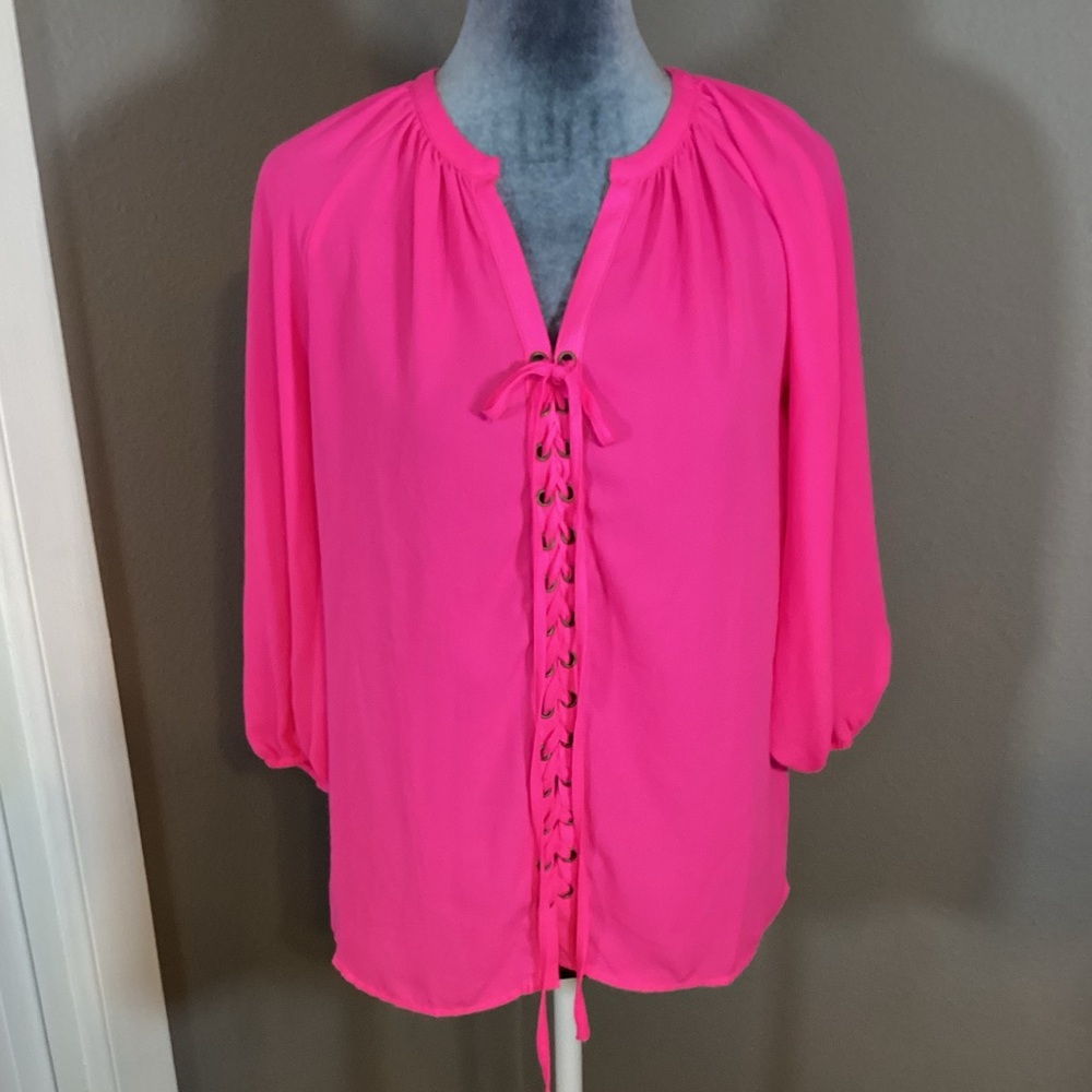 The Impeccable Pig Hot Pink Romantic Lace Up Blouse Size XS